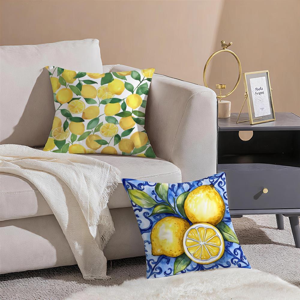 Fresh Elegant Art Blue Watercolor Lemon Cushion Cover Linen Pillowcase Soft For Sofa Bed Home Room Decor