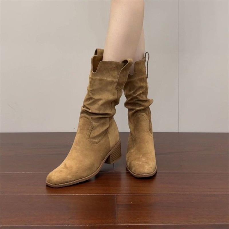Retro inner heightening thick heel soft surface Martin boots autumn new khaki stacking boots cowboy boots women