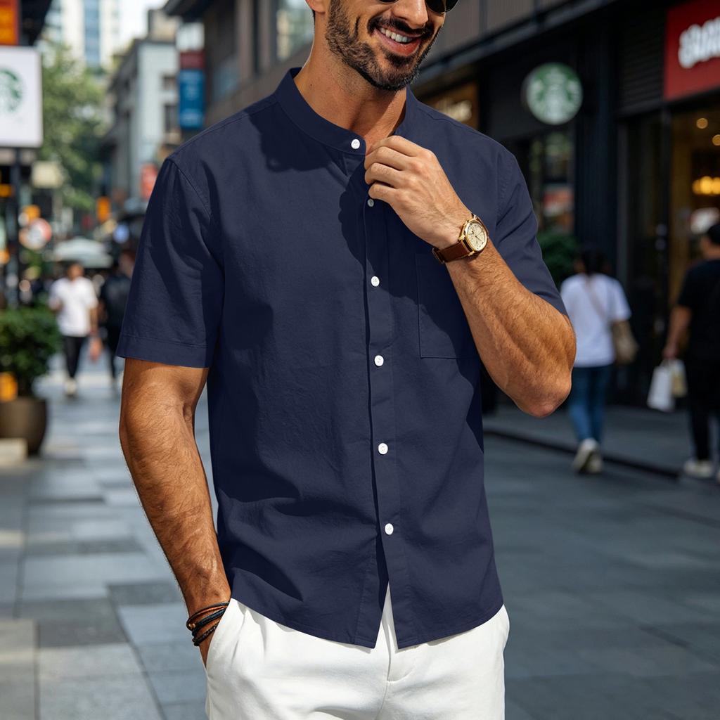 Mens Linen Shirt Short Sleeve Stand Collar Casual Loose Fit Breathable Lightweight Button Down Top with Chest Pocket
