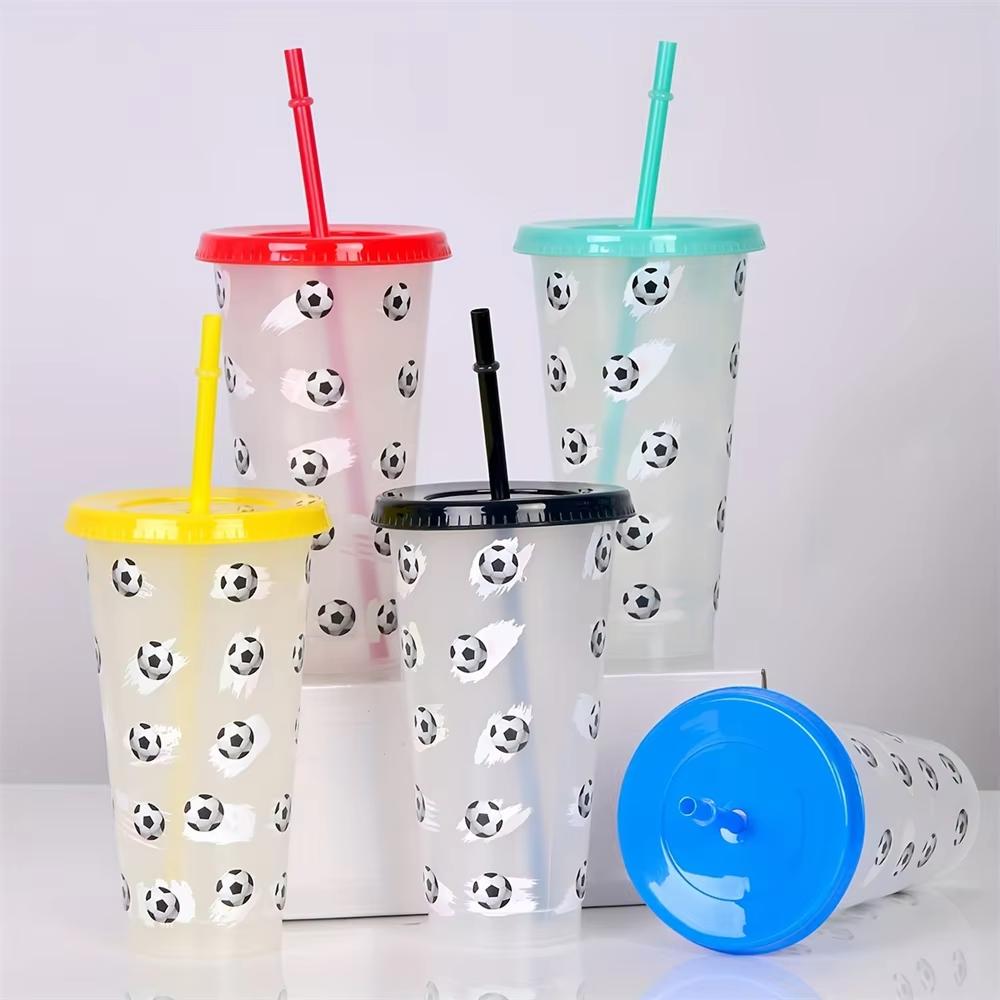 Soccer Cup Temperature-sensitive Cold Color-changing Straw Cup Single Layer Color-changing Cup Summer Drinkware 5PCS 710ml