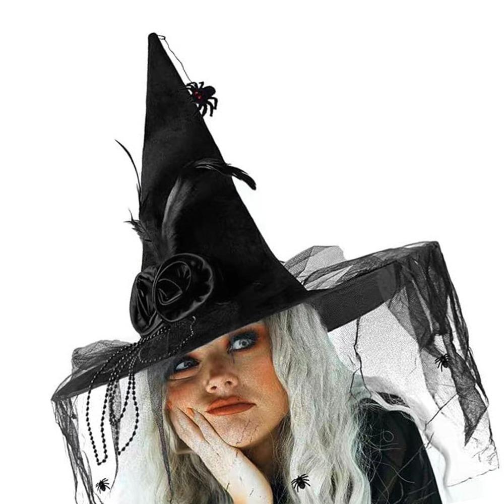 Black Spider Halloween Witch Hat With Black Veil Flower Feather Comfort Witch Costume Accessories Knit Pleated Wizard Hat