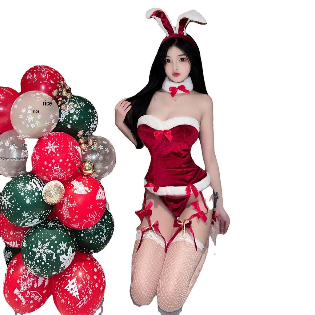 Festive Bunny Plush Lingerie Set: Women's Erotic Bandeau & Mini Skirt for Holiday Role Play
