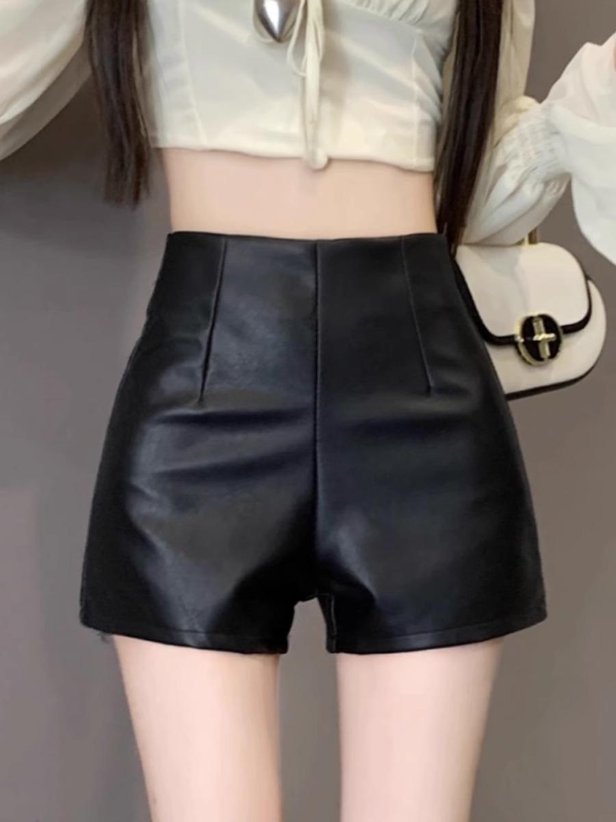 2026 Women s PU Leather High-Waisted A-Line Shorts - Slim Fit, Black, Autumn/Winter Korean Style XS чёрный