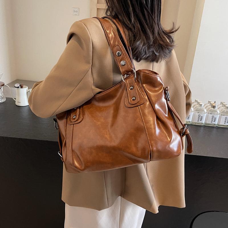Yogodlns Classic Retro Casual Solid-Color Tote Bag Large-Capacity PU Shoulder Bag Soft Leather Fashionable Versatile Commuter Handbag