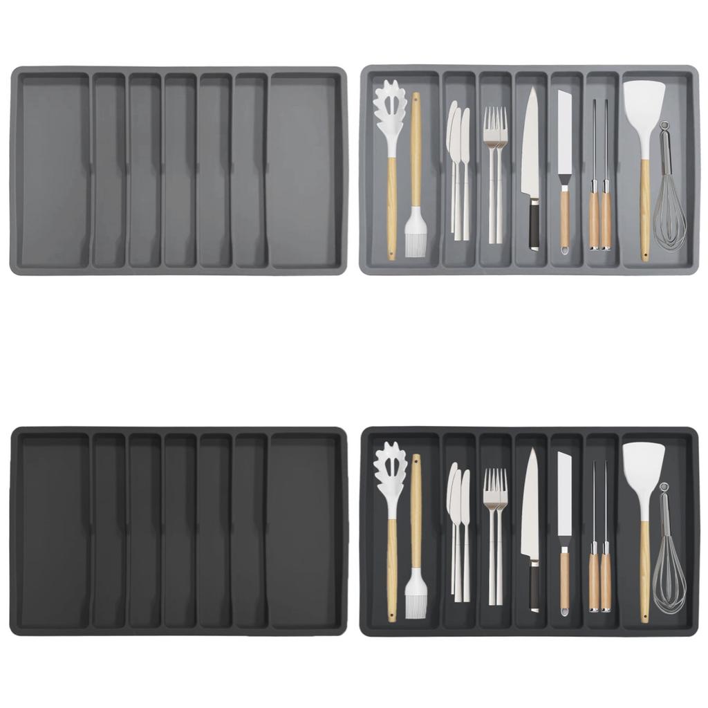 Flexible Silicone Cutlery Tray with Seven Compartments Non Slip Silverware Drawer Organizer Kitchen Utensil Holder