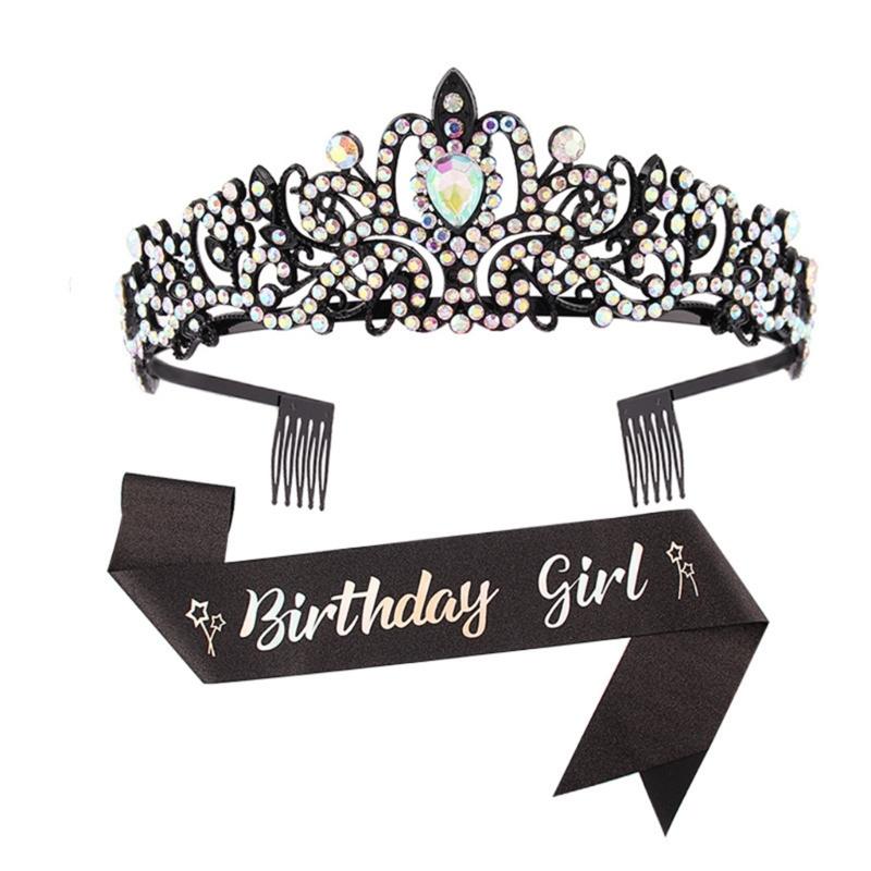 Fashionable 2pcs Rhinestones Tiaras Headband and Sash Hairpiece Hair Accesories for Women’s Birthday Party Accessories
