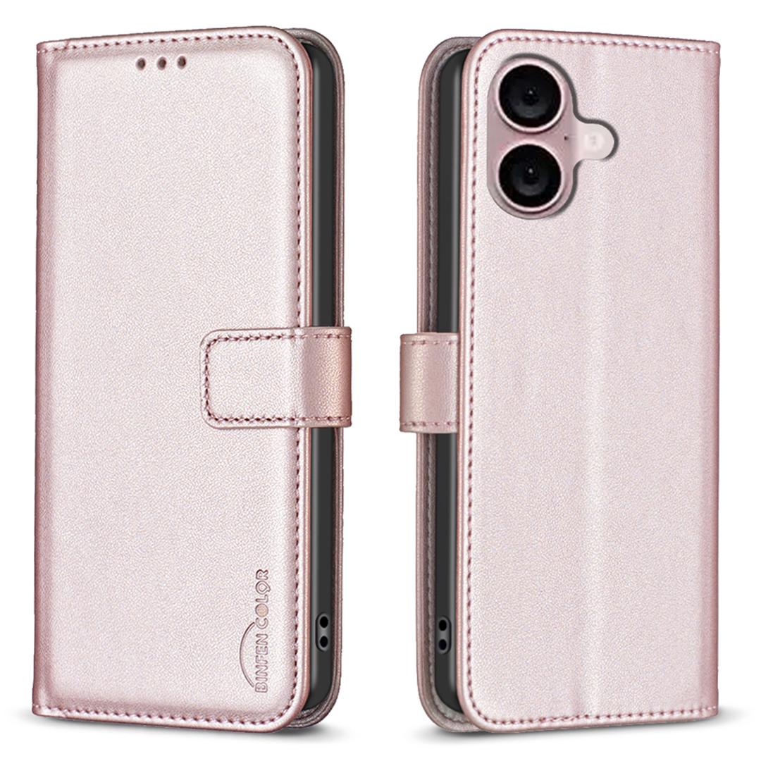 

BINFEN COLOR BF17 For iPhone 16 Plus Anti-Scratch Shell PU Leather Stand Phone Case Wallet Cover Rose Gold