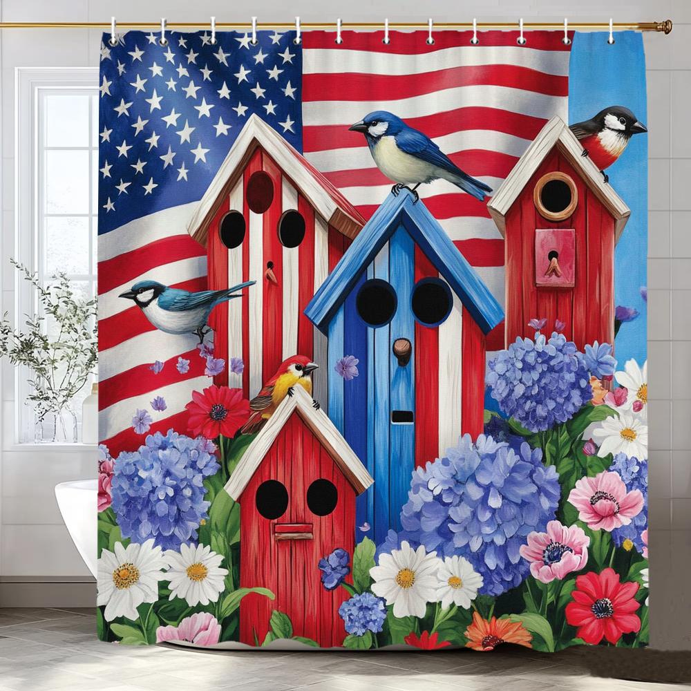 1 Stück Landhaus Amerikanischer Stil Duschvorhang, Gartenblumen und Vögel Badezimmer Dekorativer Duschvorhang mit Haken
