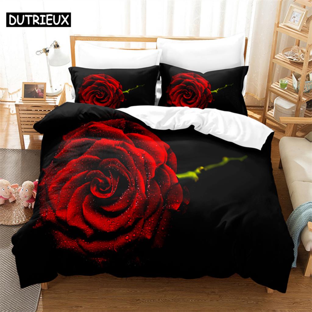 Flower Duvet Cover Set Double Bed Single Red Rose Quilt Cover Thin 3D Comforter Bedding Sets 3pcs 2Pcs King Size Full Wedding
