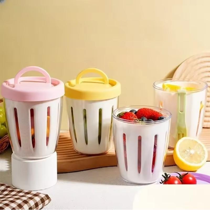 Salad Cup With Fork Cylindrical Plastic Fruit Cup Multifunctional Drainage Function Salad Container, Portable Lunch Box