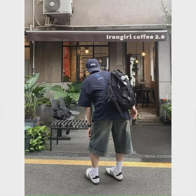 Unisex Retro Washed Denim Shorts: Loose, Casual, Straight, Wide-Leg Cropped Pants