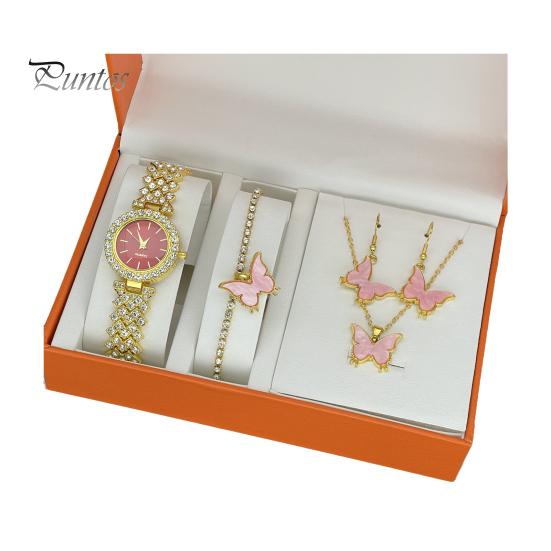 

1 комплект жіночих ювелірних виробів із подарунковою коробкою Повна колекція кварцових годинників Намисто Браслет Кільце Сережки Набір золотих прикрас із стразами червоний