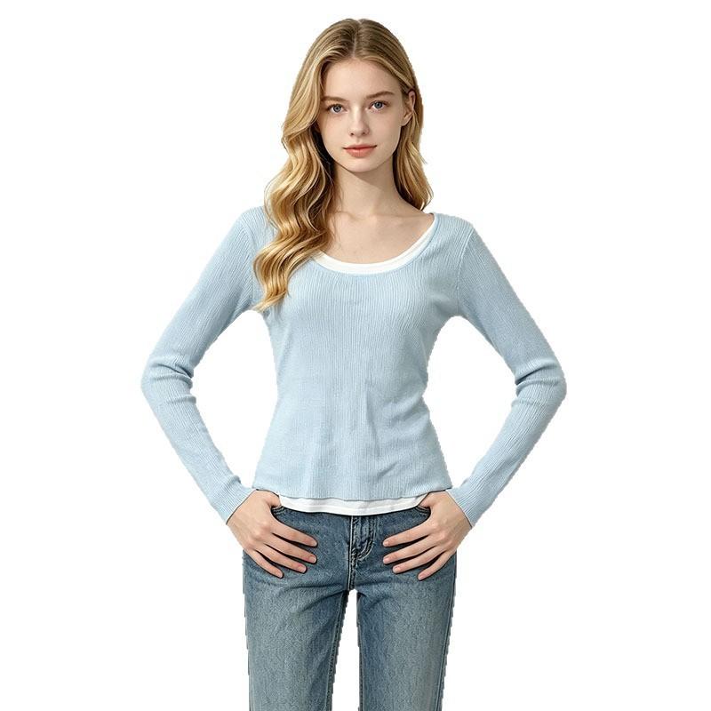 Womens Mock Two-Piece U-Neck Ribbed Knit Top Soft Viscose Long Sleeve Slim Fit Layering Base Shirt Fall