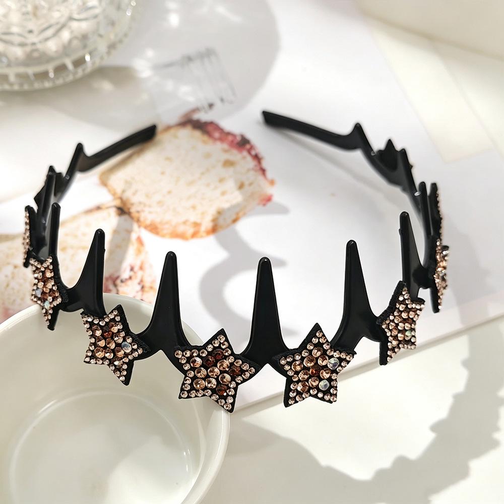 Korean Sparkly Rhinestone Flower Wavy Black Headband with Non-slip Teeth for Women