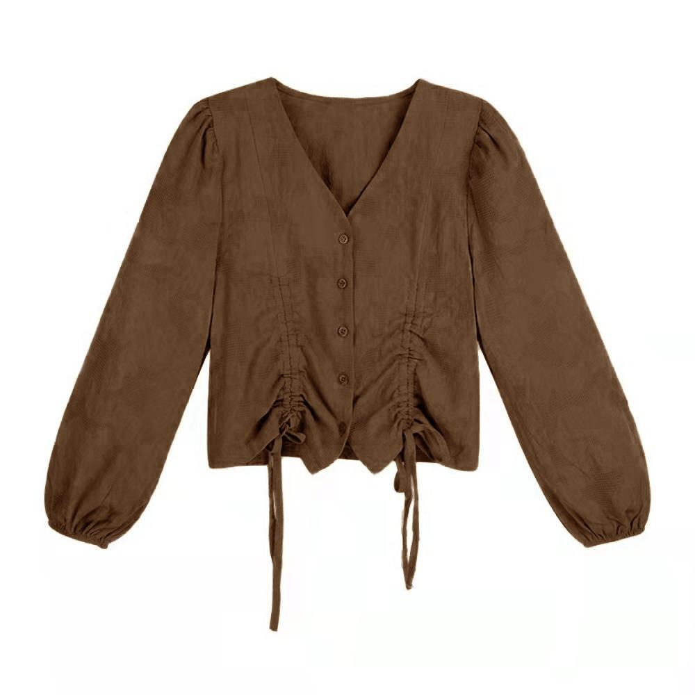 

V-neck Drawstring Flavor Blouse Lace-up Button Up Overshirts Long Sleeve Blouse Shirt Female M хаки