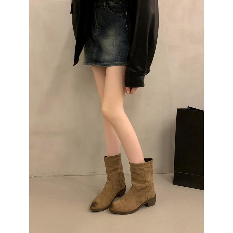 Vintage Western Cowboy Boots Short Skinny Pleated Pile Boots Women's Pointed Thick Heel Short Boots