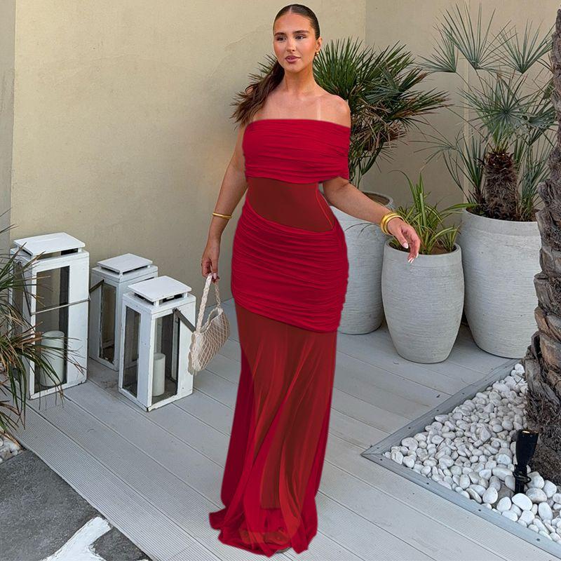 

Shemoda Fashion Style Sexy Irregular Mesh Patchwork off-Shoulder Tube Top Dress Slim Fit Long Dress Red L