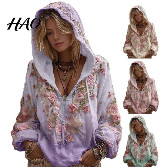 Windproof Neck Protection Top Women Tops 3D Flower Decor Hooded Zipper Sweatshirt Long Autumn Winter Warm Sleeve Loose Fit Casual Sporty Outerwear