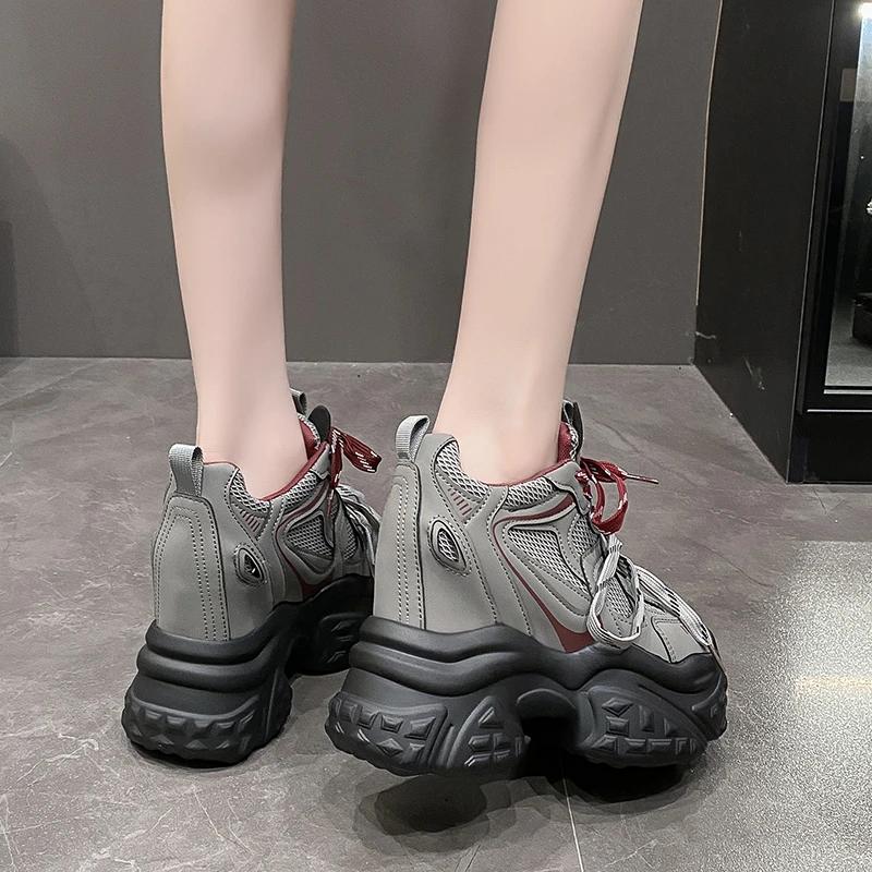 Fashion 11CM New 2025 Autumn Breathable Women Chunky Sneakers Lace-up Wedges Mesh Shoes Thick Soles Trainers High Platform Casual Shoes