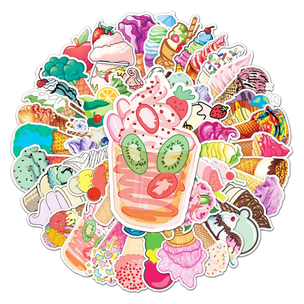 50 Ice Cream Cartoon Graffiti Stickers for Journals, Laptops, Suitcases, Cars, and Scooters.