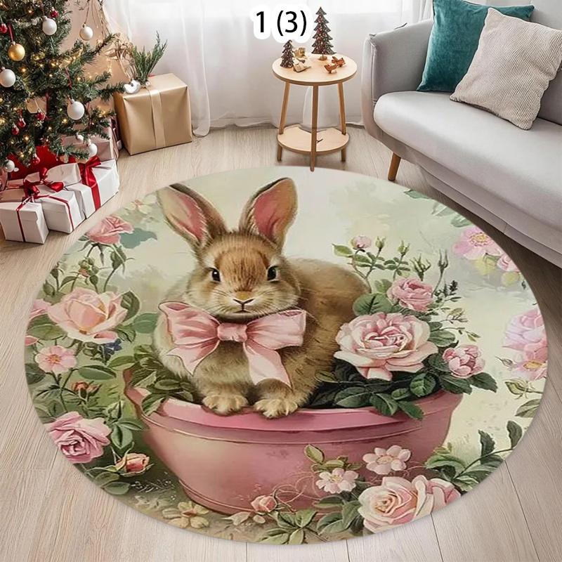 

Vintage Oil Painting Style Circular Carpet Cartoon Rabbit Flower Home Decoration Floor Mat Living Room Bedroom Entrance Door Mat 100cm x 100cm