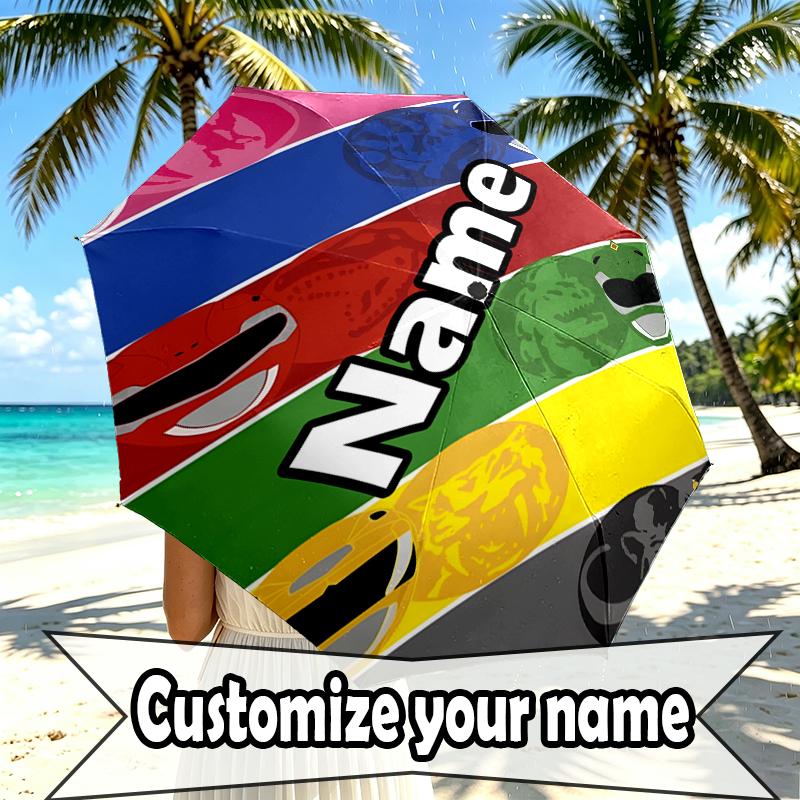 Custom Name Personalized Mighty Morphin Power Rangers Print Umbrella, Auto Open Close, 8‑Rib Sturdy Frame, Commute Camping Hiking Use, Birthday Gift