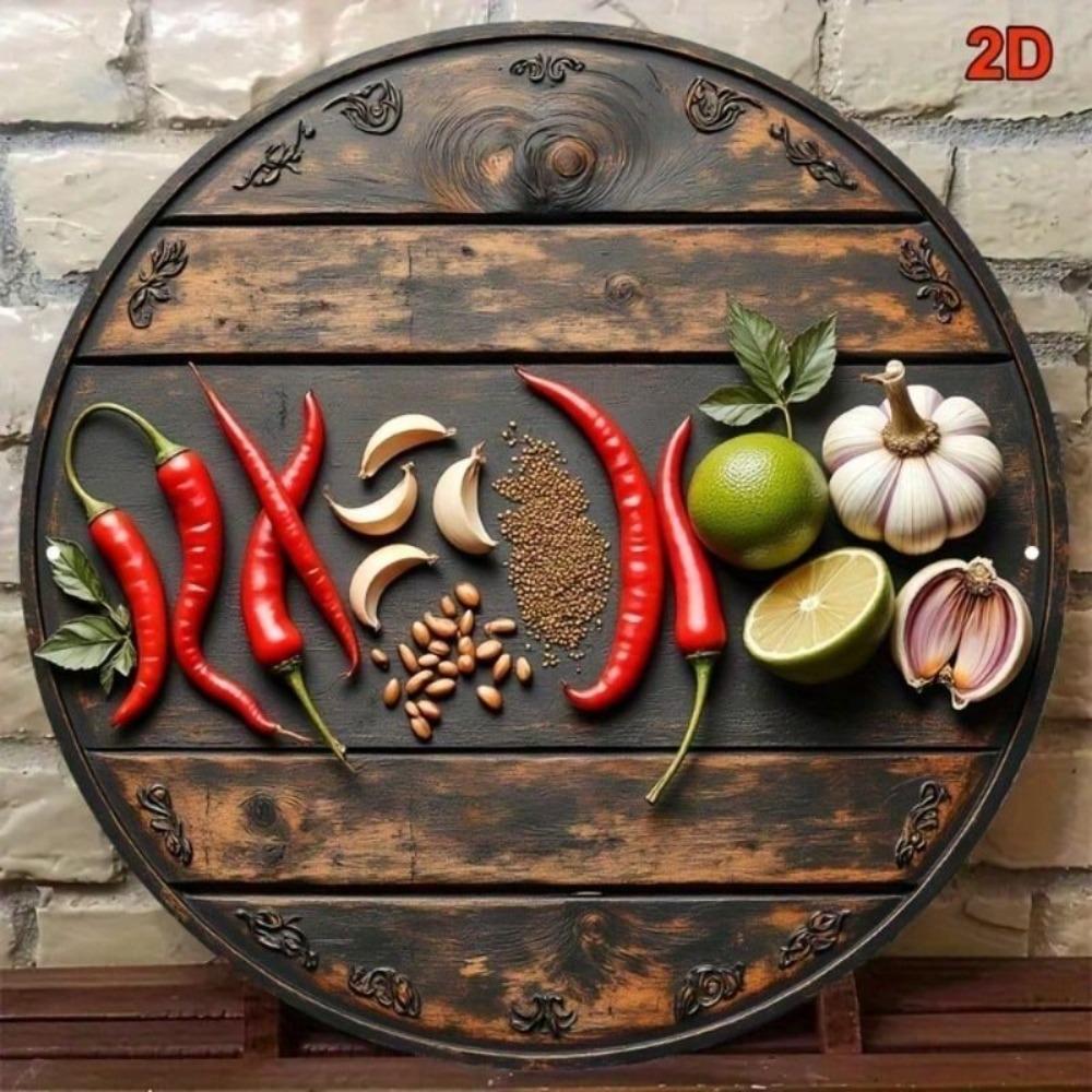 Vintage Round Metal Pepper & Garlic Sign, Kitchen Wall Art Decor