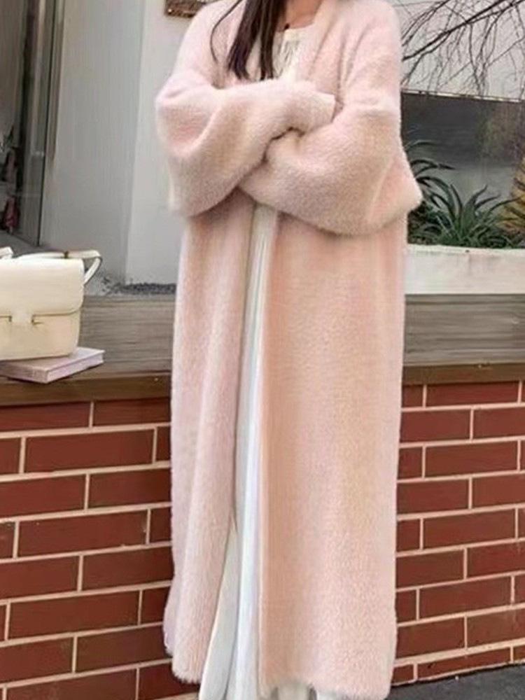 Women's Fluffy Faux Mink Knit Cardigan Coat - White, Autumn/Winter Loose Fit