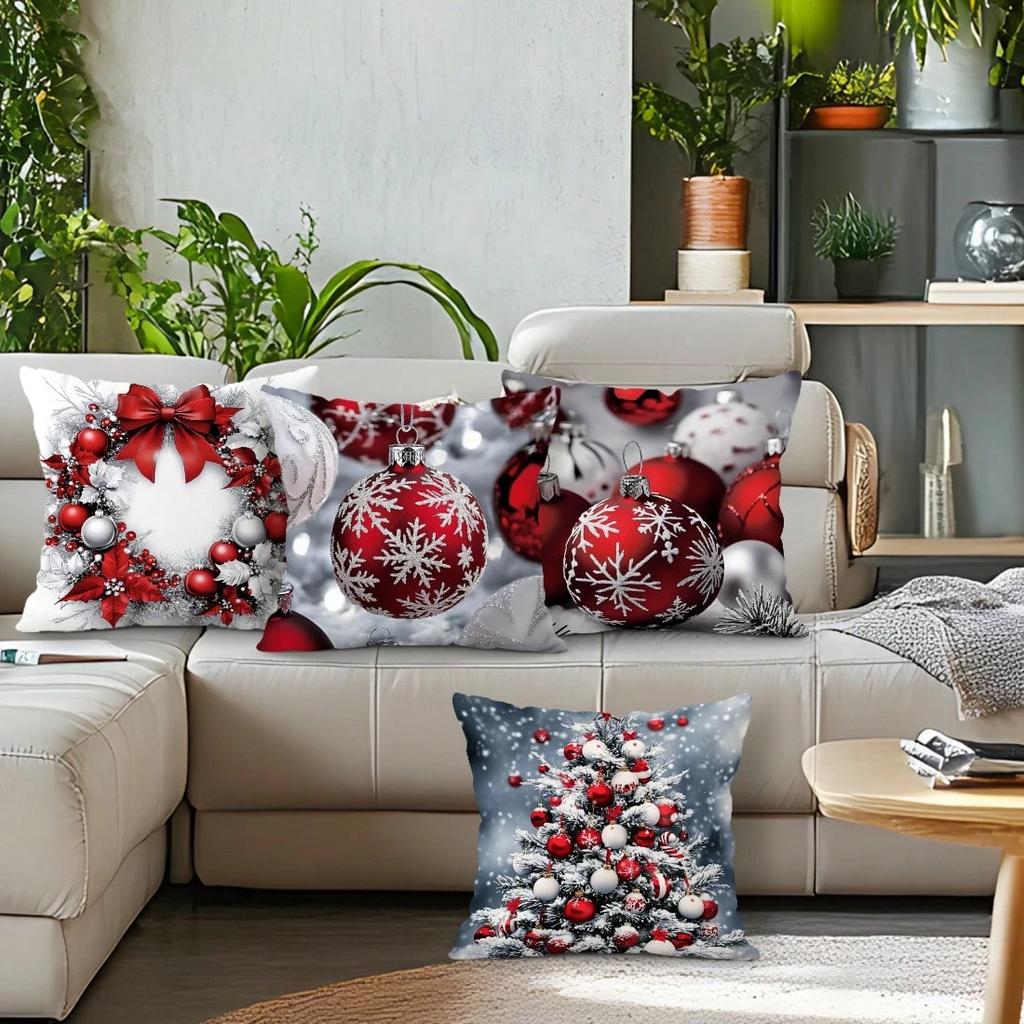 1Pc Christmas Themed Throw Pillow Covers Set, Red Silver Ornament & Tree Festive Pattern, Chic Home Accent & Gift For Christmas