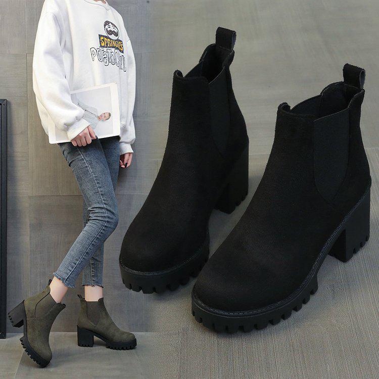 Stivali Martin Donna Autunno/Inverno 2025 con Tacco Chunky, Suola Spessa Stile Britannico, Stivaletti Alla Caviglia con Tacco Alto e Punta Tonda.