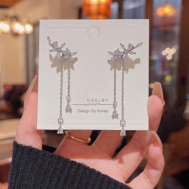 Zircon Bow Tassel Earrings: 925 Silver, Trendy, Versatile, Light Luxury