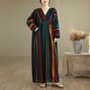 Women's Long Sleeve Maxi Dress V Neck Loose Fit Vintage Striped Print Casual Long Dress