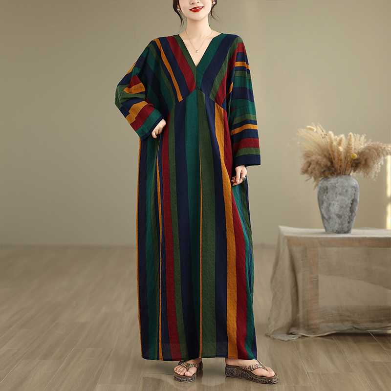 Women's Long Sleeve Maxi Dress V Neck Loose Fit Vintage Striped Print Casual Long Dress