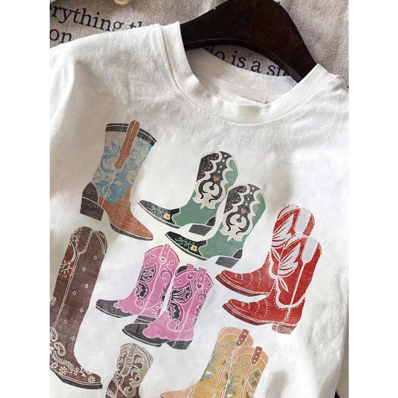 Women's Casual Short Sleeve T-Shirt with Colorful Cowboy Boot Print - Round Neck Spring/Summer Top