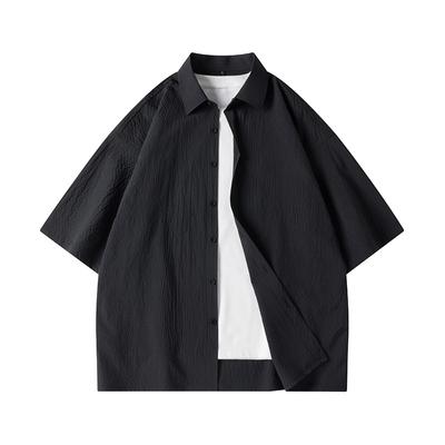 Men's Short Sleeved Shirt Versatile Solid Color Oversized Men's Bubble Shirt Jacket