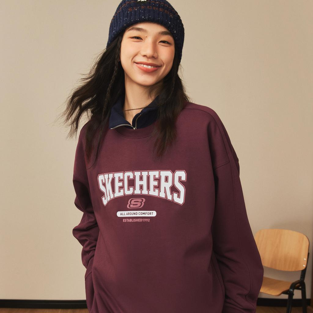 Skechers Sport Lifestyle College Style Letter Vintage American Knit Pullover Round Neck Comfortable Fashion Versatile Sweatshirt L324U100-02C9