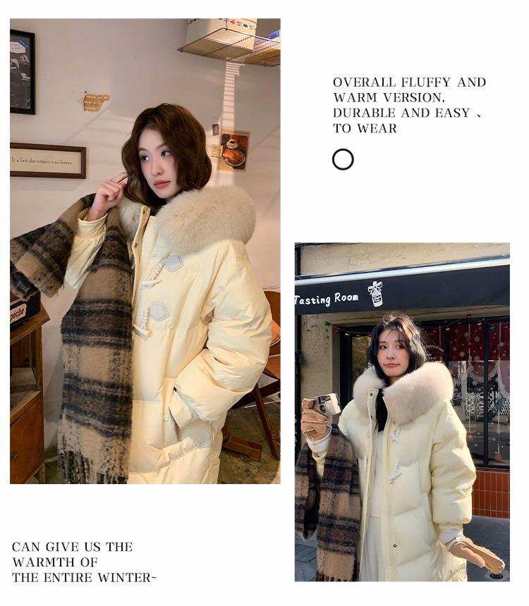 Women's Mid-Length Down Jacket, 2025 Winter, Horn Button Design, Fur Collar, Thickened, Loose Fit Coat.
