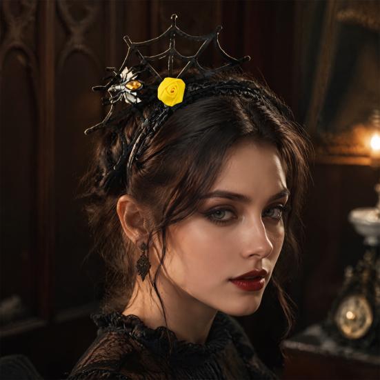 Costume Party Headpiece Halloween Spider Web Headband, Black Lace Choker Collar with Rose, Theme Photo Props Accessory for Women Girls, Gothic