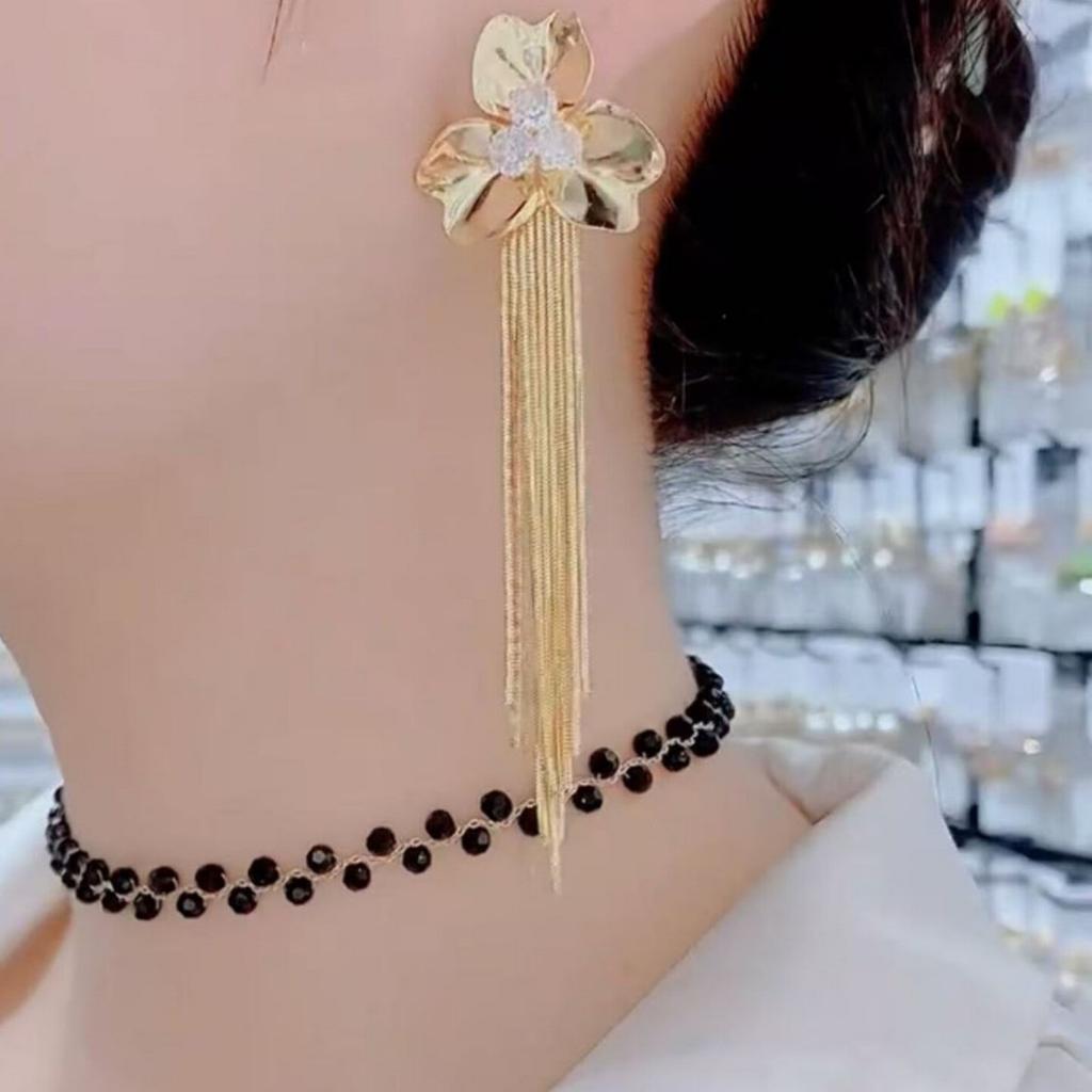 New European And American Style High End Rhinestone Flower Tassel Earrings For Women Statement Luxury Drop Earrings