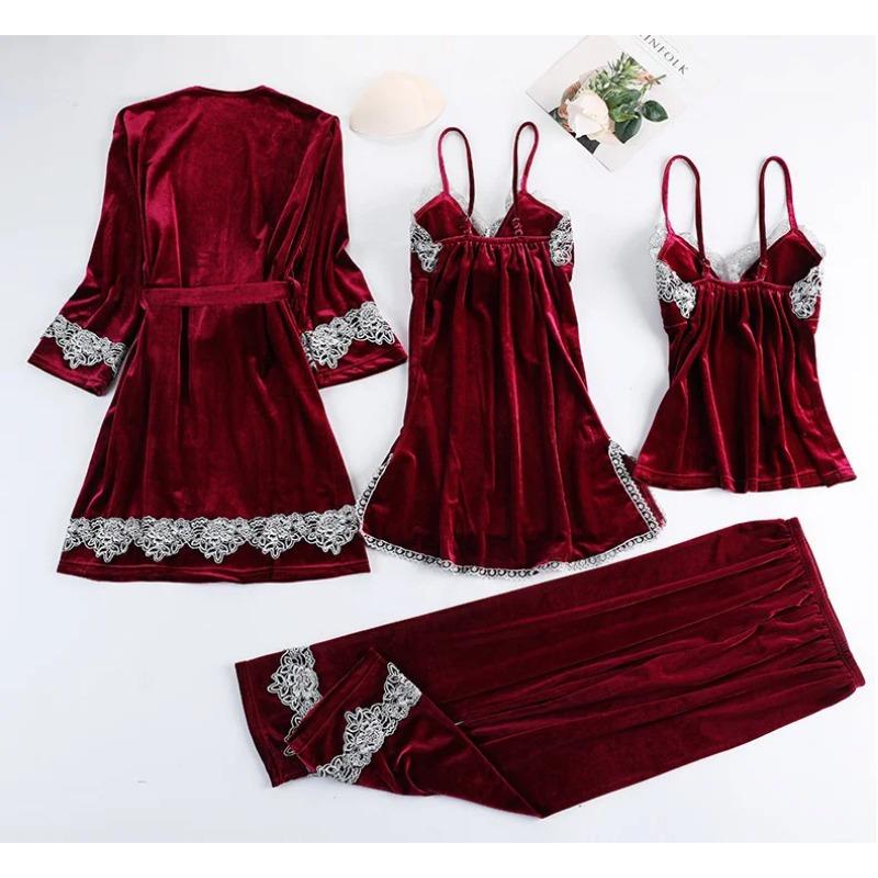 

Сексуальный женский бархатный пижамный комплект, пижамы с кружевными шортами, теплый халат, женская ночная рубашка, зимние комплекты из 4 предметов 3XL