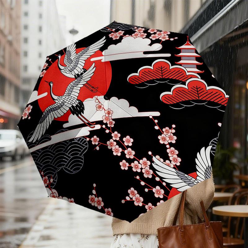 1pc Japanese Cranes Automatic Folding Umbrella, Heavy Duty 8 Rib Iron Frame, Suitable for Travel, Daily Use, Birthday, Decor Gift m0104014