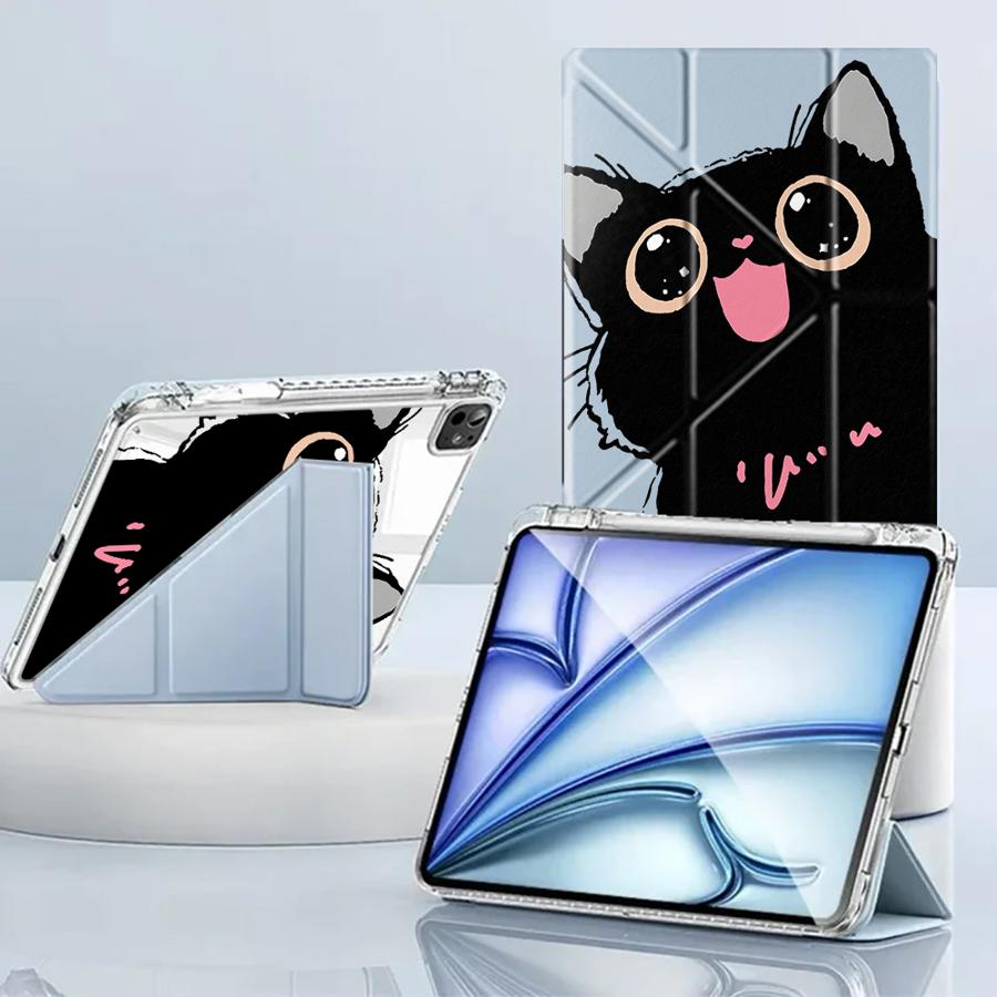 Cute Little Black Cat Y-Fold Holder Cover Tablet Case For iPad Pro 2025 Mini 6 7 Air 4 5 M3 M2 1 2 M4 11inch Pro 11th 10th 9th