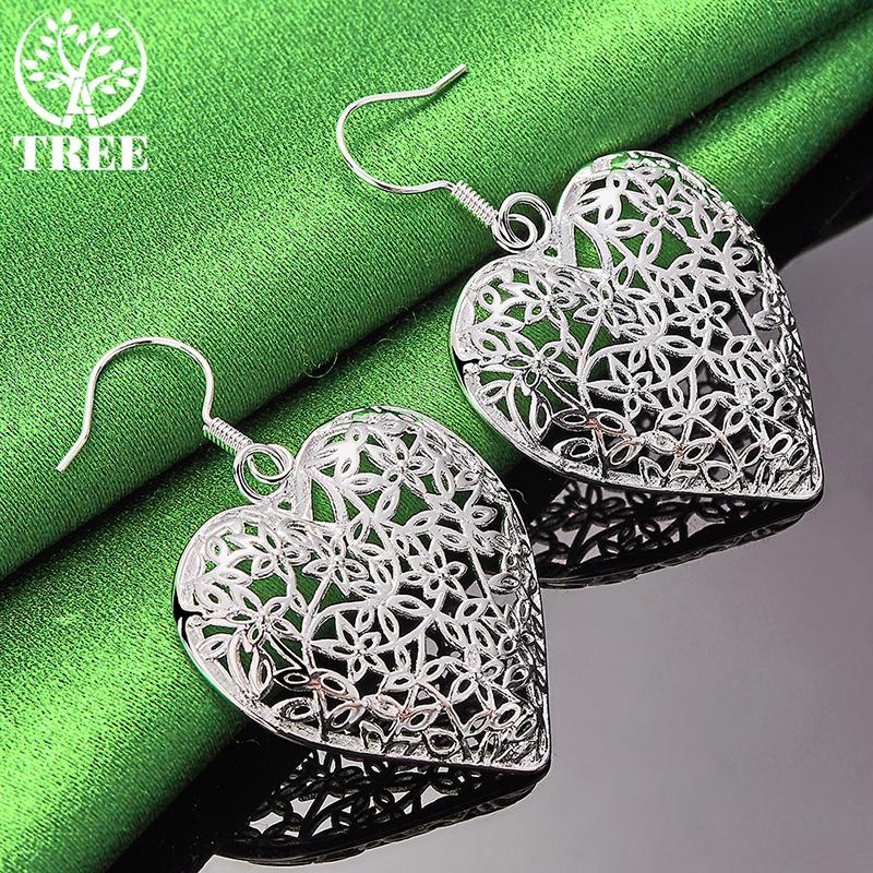 Sweet Romantic 925 Sterling Silver Carved Flower Heart Drop Earrings Women Birthday Anniversary Party Jewelry Fine Accessories
