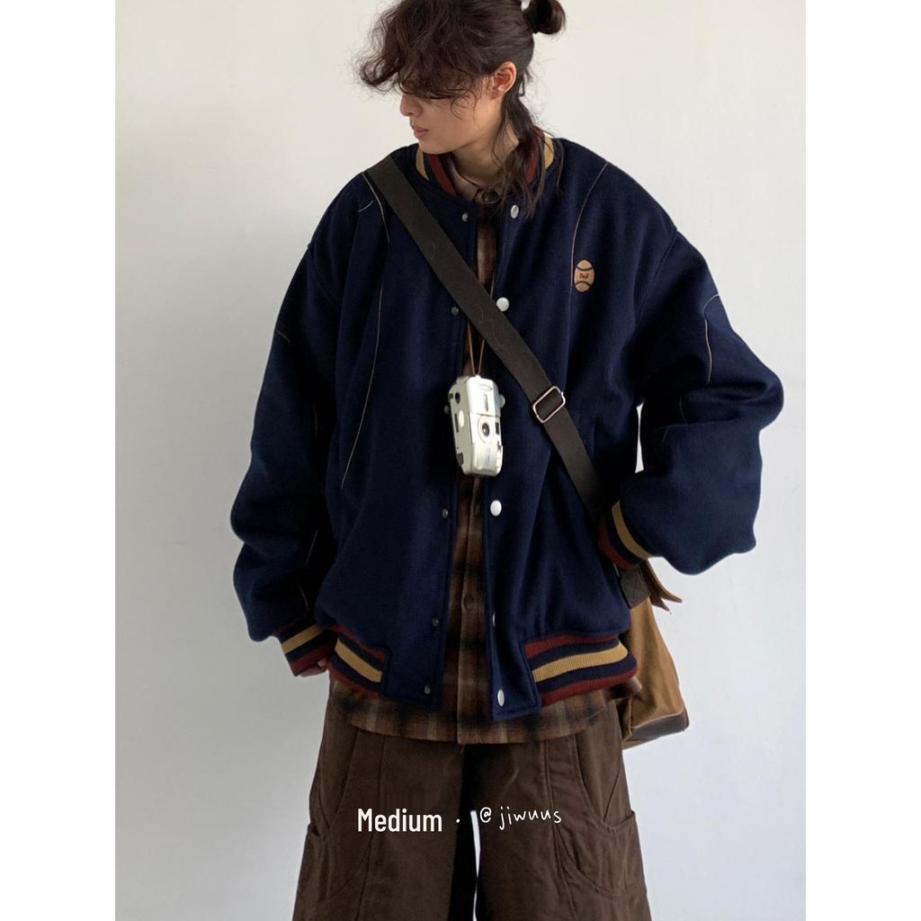 Unisex Japanese Retro Color Block Wool Baseball Jacket, Autumn/Winter Academy Style