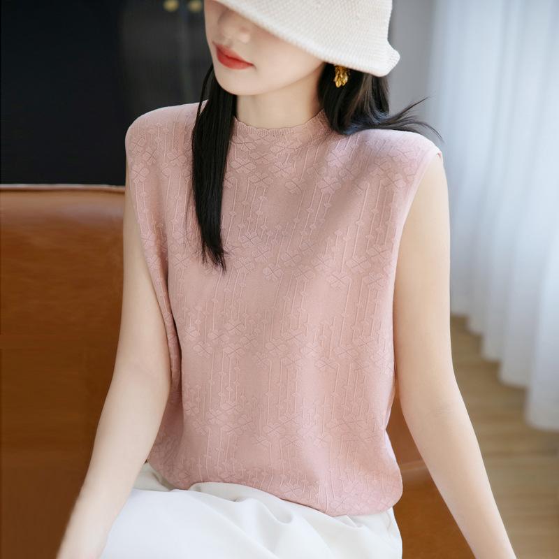 Hollow Jacquard Knitted Short-sleeved Womens Summer Thin Updated Relaxed Fit and Thin Knitted Sweater Vest Top M