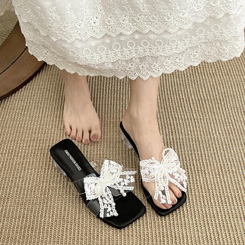 Beaded thick heel bow transparent high heel summer new women's square head sandals lace cool slippers