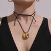 Qiong Yao Geometric Pendant Necklace - Black Drawstring, Polished Stainless Steel, European & American Simple Style