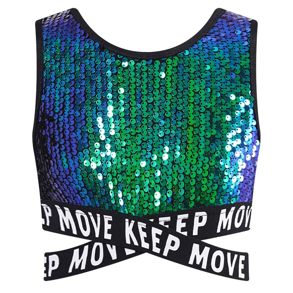 Mädchen Glitzernde Pailletten Crop Top Ärmellos Rundhalsausschnitt Überkreuzte Taille Hip Hop Dance Performance Wear