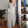 Ensemble 2 pièces en coton lin pour femme, décontracté, manches longues, chemisier boutonnable, ourlet à cordon de serrage et pantalon à jambes larges, ensemble de détente