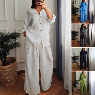 Damen Baumwollleinen 2-teiliges Outfit Lässig Langarm Knopfleiste Kordelzug Saum Bluse und Weitbein Hose Loungewear Set